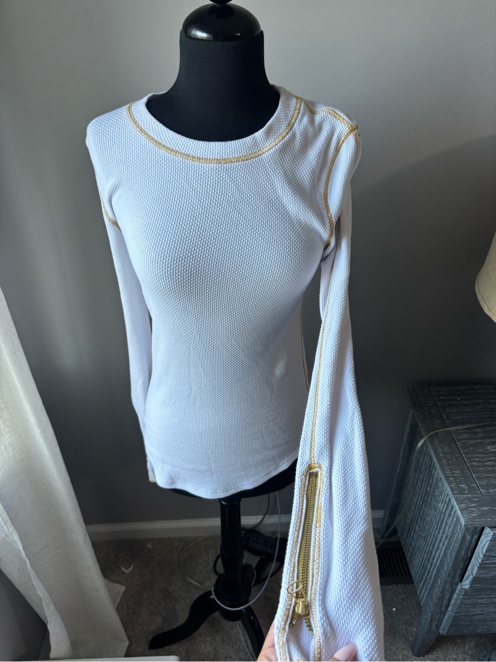 Free People White Long-Sleeve Thermal Top with Gold Trim